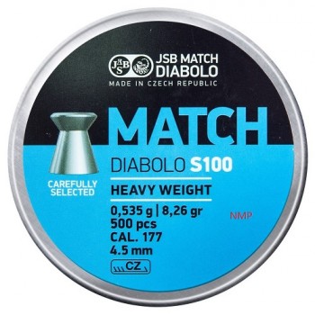 JSB Diabolo Match Flat Head Heavy Weight S100 4.48mm .177 calibre 8.26gr tin of 500 Blue